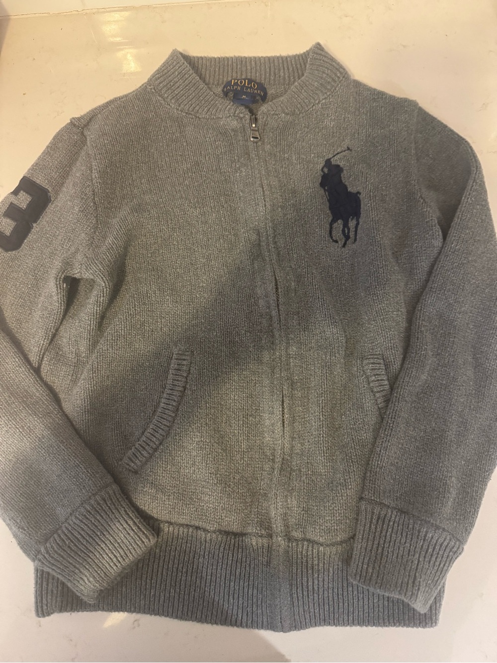 Polo by Ralph Lauren Kids Gray Knit Zip-Up Jacket with Navy LogoSize M 10/12
